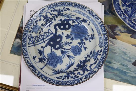 A Chinese blue and white bowl, five plates and two cups